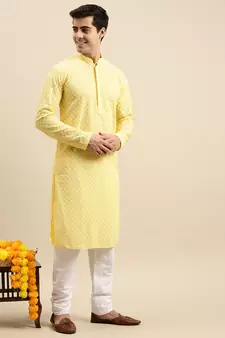 Sanwara Men's Light Yellow chickenkari Long Sleeve Cotton Designer Kurta with Pyjama