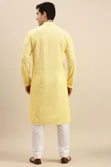Sanwara Men's Light Yellow chickenkari Long Sleeve Cotton Designer Kurta with Pyjama