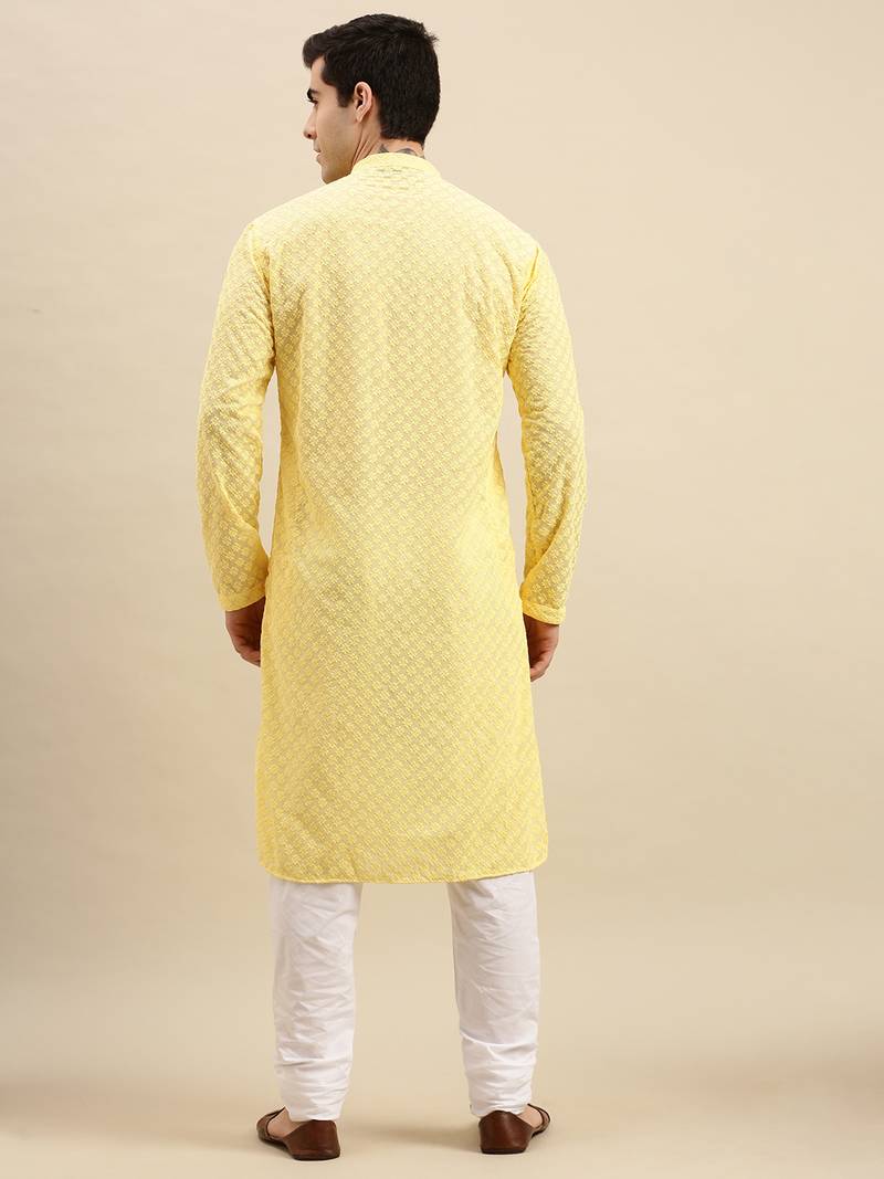 Sanwara Men's Light Yellow chickenkari Long Sleeve Cotton Designer Kurta with Pyjama