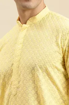 Sanwara Men's Light Yellow chickenkari Long Sleeve Cotton Designer Kurta with Pyjama