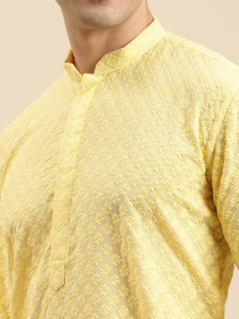 Sanwara Men's Light Yellow chickenkari Long Sleeve Cotton Designer Kurta with Pyjama