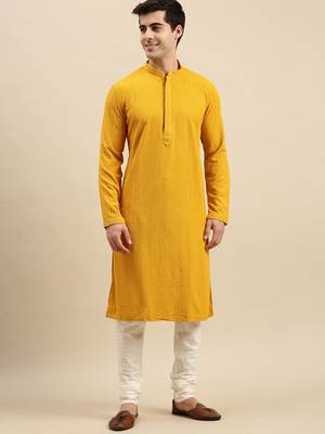 Sanwara Men's Mustard chickenkari Long Sleeve Cotton Designer Kurta with Pyjama 1