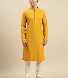 Sanwara Men's Mustard chickenkari Long Sleeve Cotton Designer Kurta with Pyjama