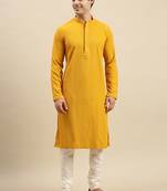 Sanwara Men's Mustard chickenkari Long Sleeve Cotton Designer Kurta with Pyjama