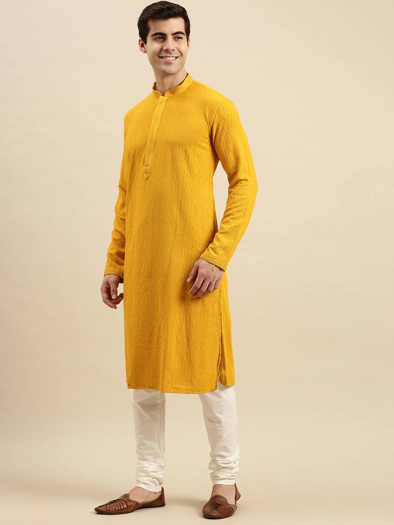 Sanwara Men's Mustard chickenkari Long Sleeve Cotton Designer Kurta with Pyjama