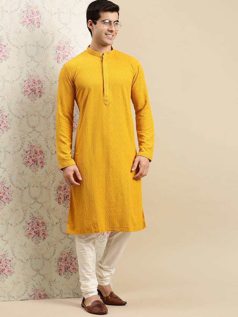Sanwara Men's Mustard chickenkari Long Sleeve Cotton Designer Kurta with Pyjama