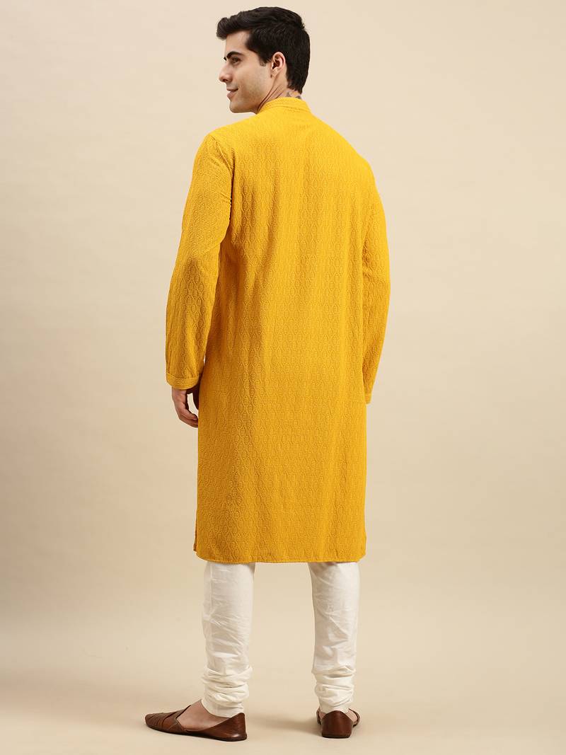 Sanwara Men's Mustard chickenkari Long Sleeve Cotton Designer Kurta with Pyjama