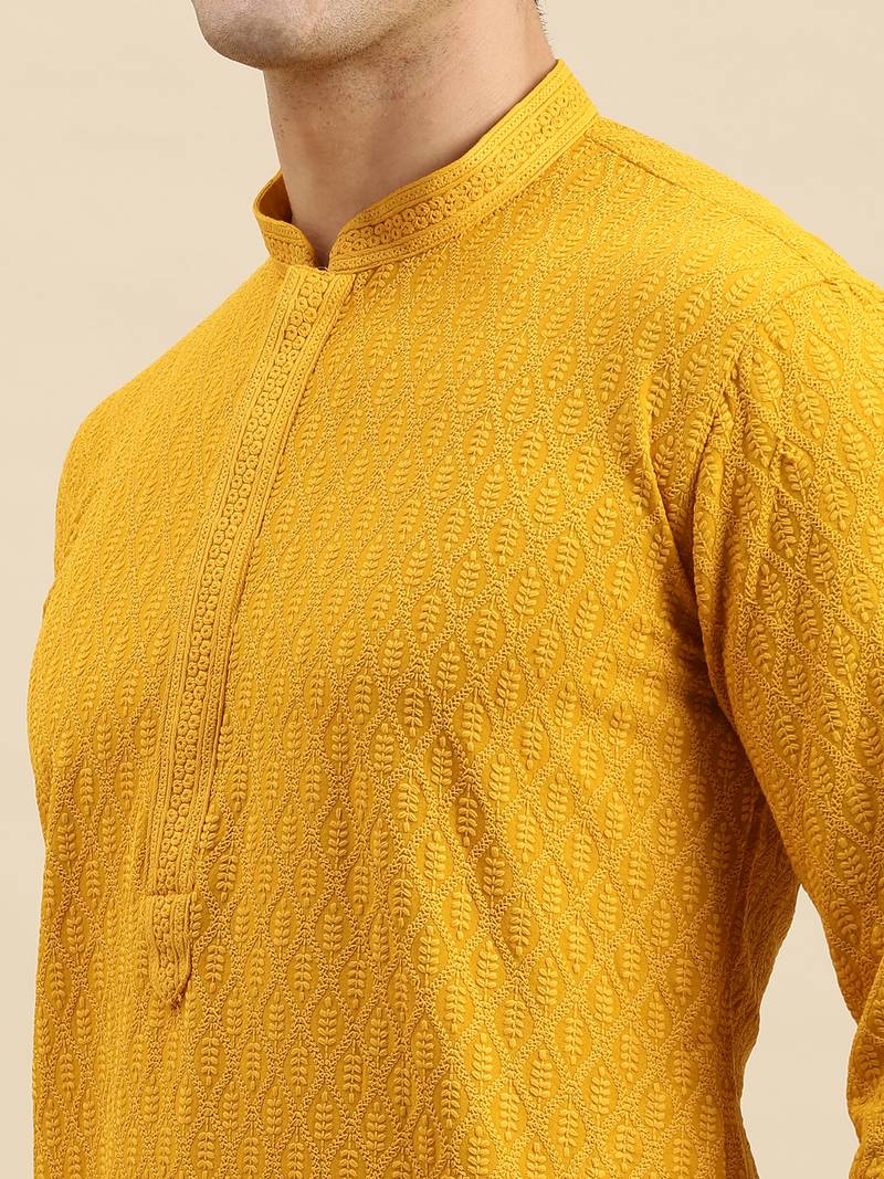 Sanwara Men's Mustard chickenkari Long Sleeve Cotton Designer Kurta with Pyjama