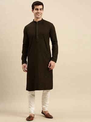 Sanwara Men's Olive Green chickenkari Long Sleeve Cotton Designer Kurta with Pyjama 1