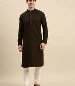 Sanwara Men's Olive Green chickenkari Long Sleeve Cotton Designer Kurta with Pyjama