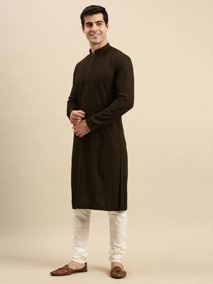 Sanwara Men's Olive Green chickenkari Long Sleeve Cotton Designer Kurta with Pyjama 2