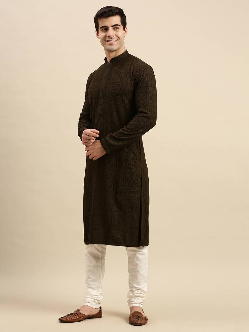 Sanwara Men's Olive Green chickenkari Long Sleeve Cotton Designer Kurta with Pyjama