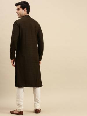 Sanwara Men's Olive Green chickenkari Long Sleeve Cotton Designer Kurta with Pyjama 4