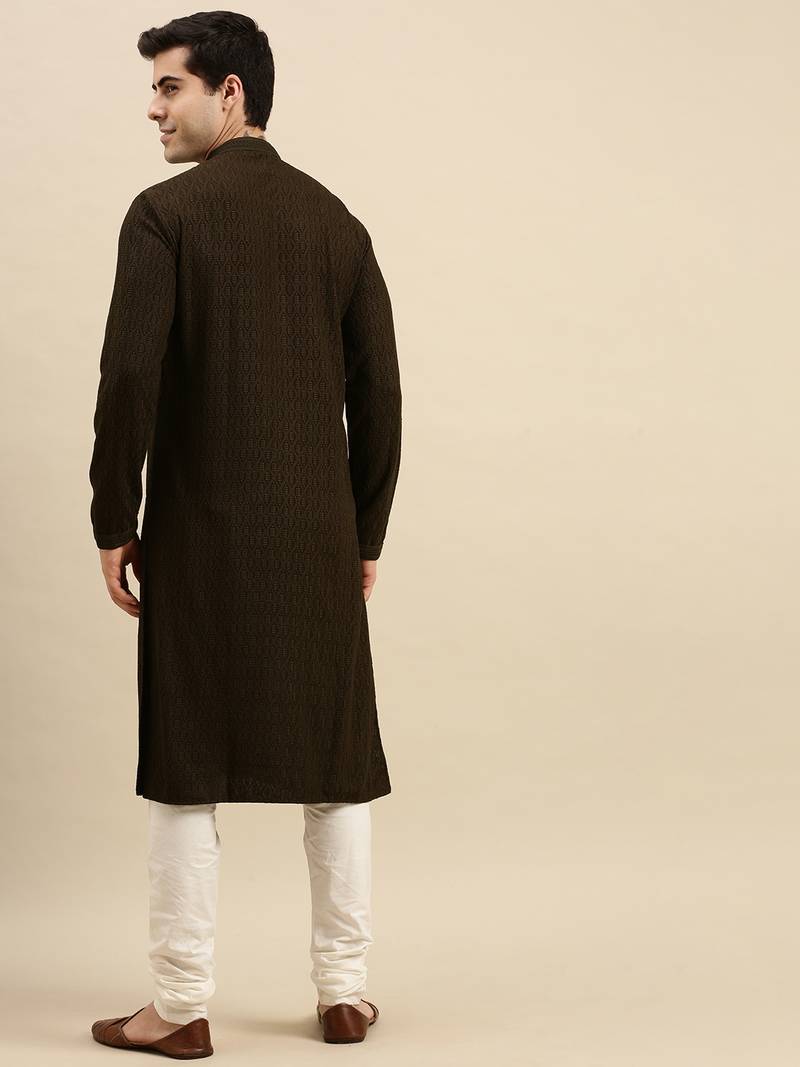 Sanwara Men's Olive Green chickenkari Long Sleeve Cotton Designer Kurta with Pyjama