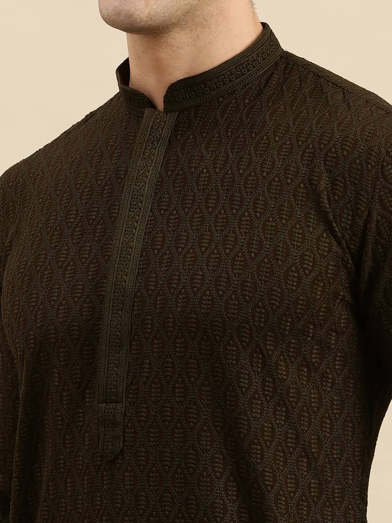 Sanwara Men's Olive Green chickenkari Long Sleeve Cotton Designer Kurta with Pyjama