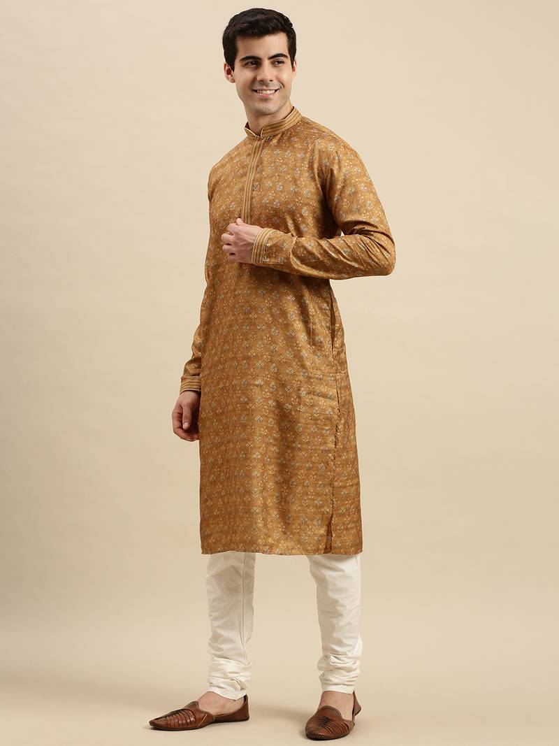 Sanwara Men's Brown Woven Long Sleeve Art Silk Elegant Kurta with Pyjama