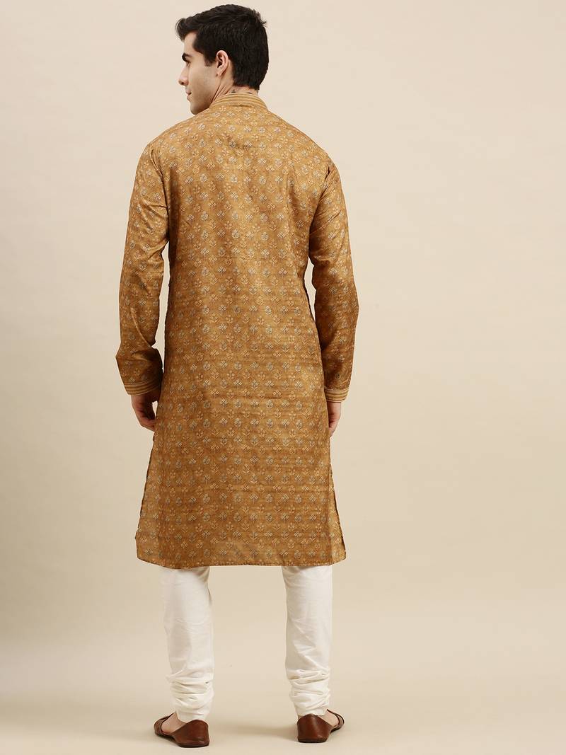 Sanwara Men's Brown Woven Long Sleeve Art Silk Elegant Kurta with Pyjama