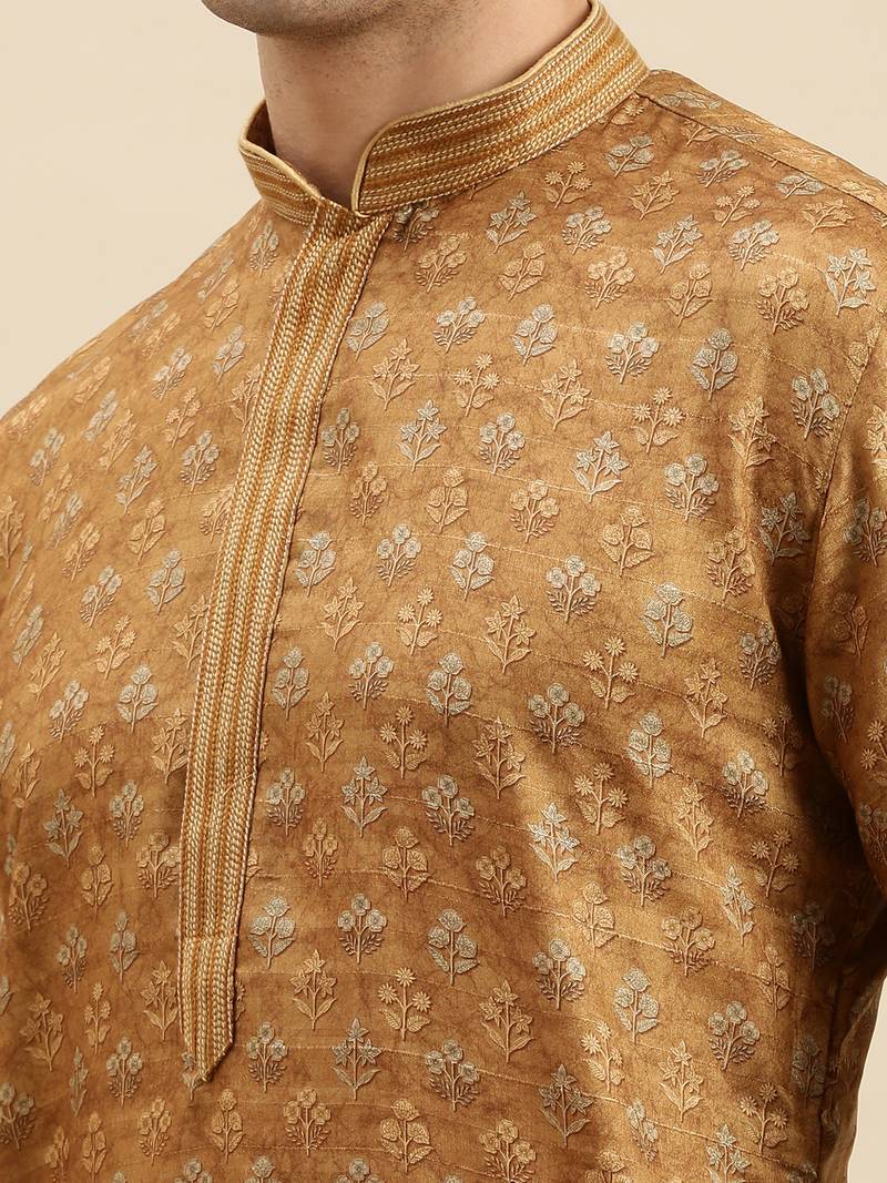 Sanwara Men's Brown Woven Long Sleeve Art Silk Elegant Kurta with Pyjama
