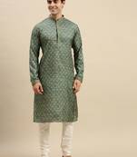 Sanwara Men's Green Woven Long Sleeve Art Silk Elegant Kurta with Pyjama