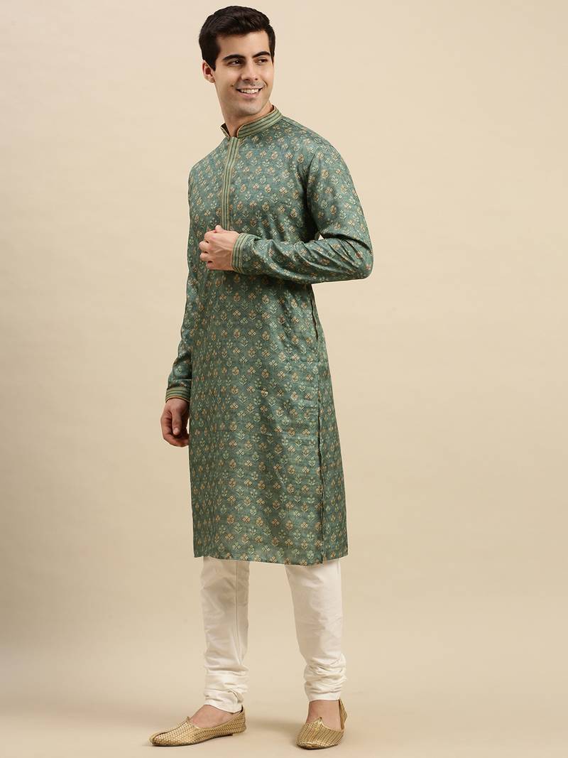 Sanwara Men's Green Woven Long Sleeve Art Silk Elegant Kurta with Pyjama