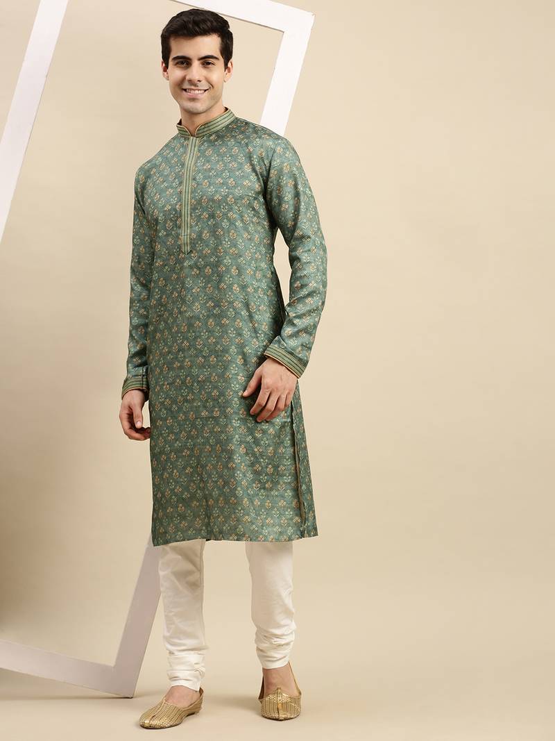 Sanwara Men's Green Woven Long Sleeve Art Silk Elegant Kurta with Pyjama