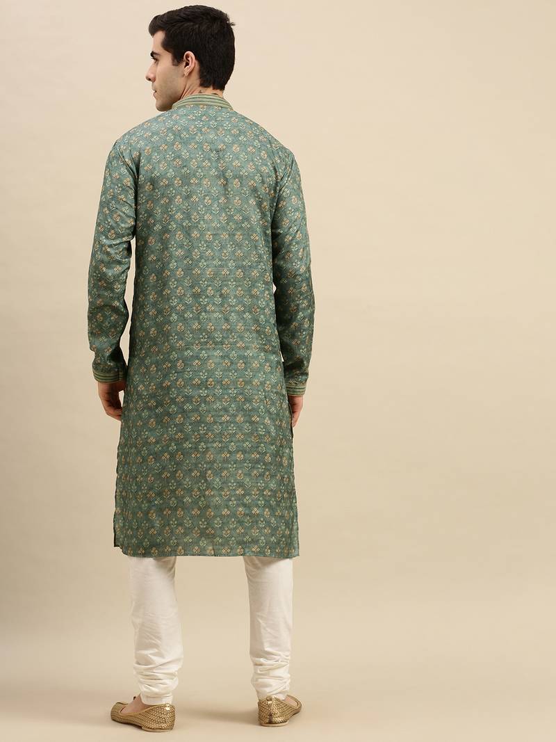Sanwara Men's Green Woven Long Sleeve Art Silk Elegant Kurta with Pyjama