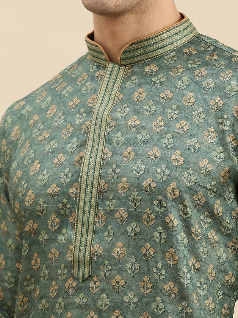Sanwara Men's Green Woven Long Sleeve Art Silk Elegant Kurta with Pyjama