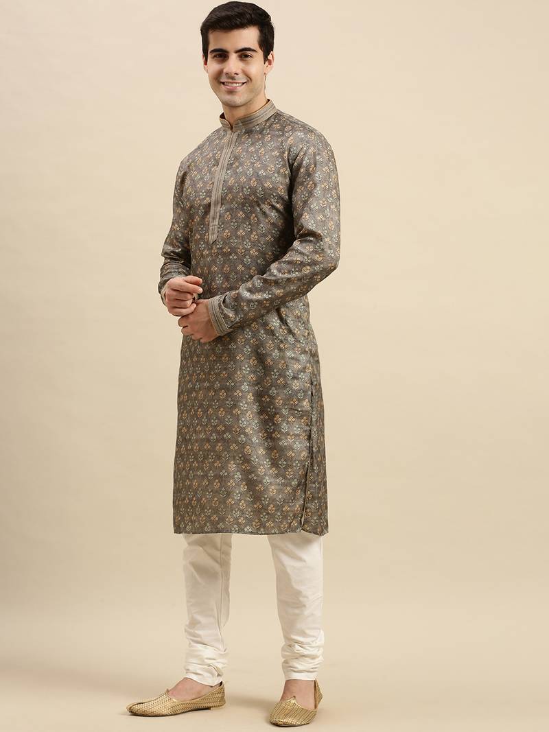 Sanwara Men's Grey Woven Long Sleeve Art Silk Elegant Kurta with Pyjama