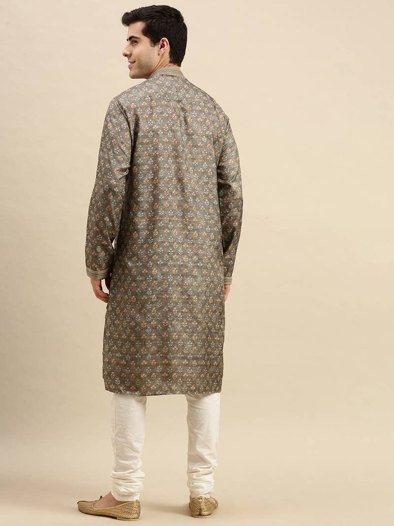 Sanwara Men's Grey Woven Long Sleeve Art Silk Elegant Kurta with Pyjama