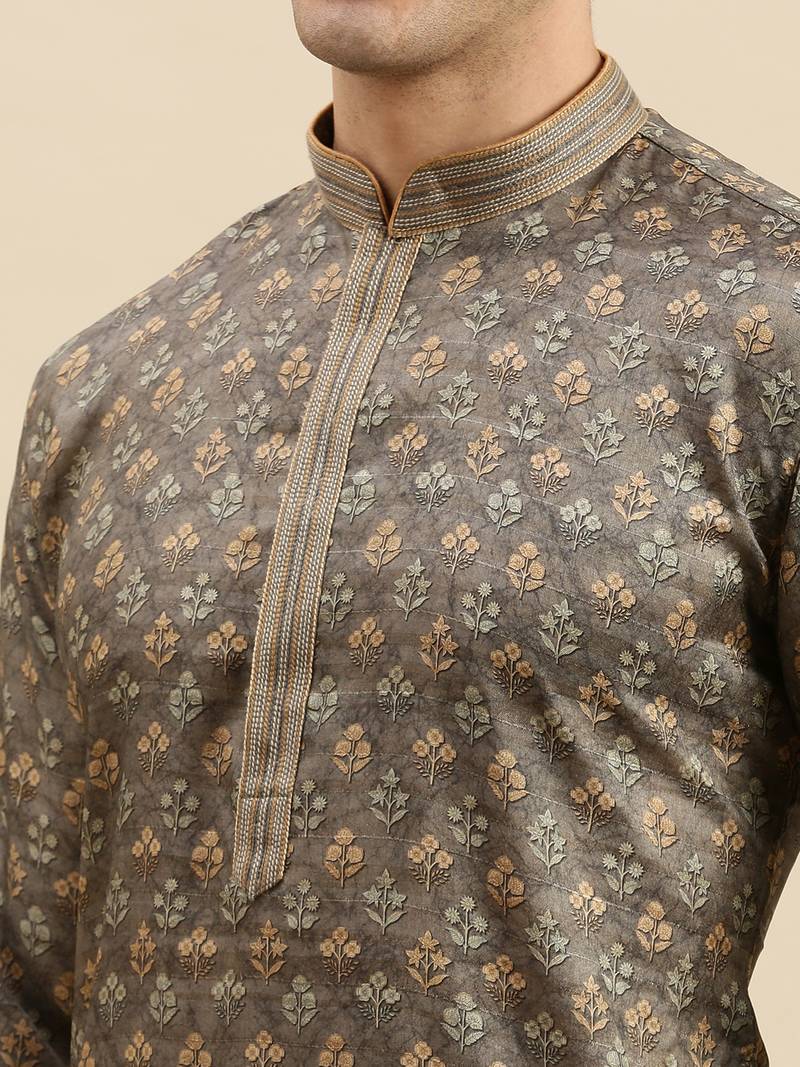 Sanwara Men's Grey Woven Long Sleeve Art Silk Elegant Kurta with Pyjama