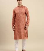Sanwara Men's Rust Woven Long Sleeve Art Silk Elegant Kurta with Pyjama