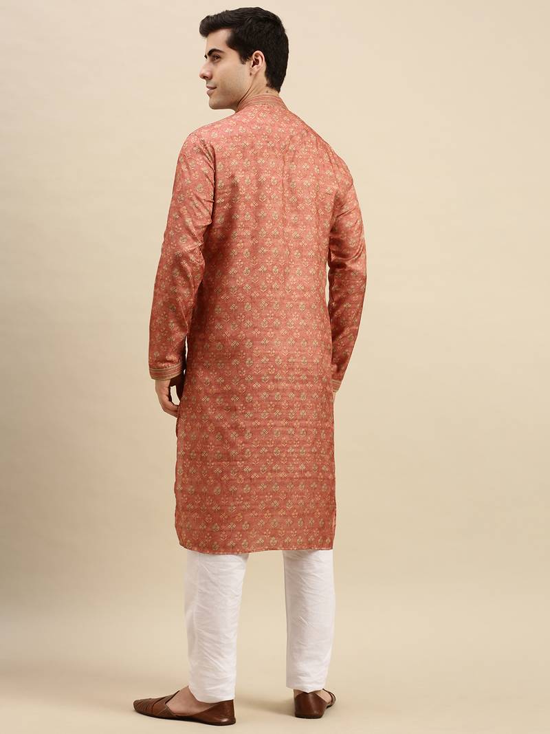 Sanwara Men's Rust Woven Long Sleeve Art Silk Elegant Kurta with Pyjama