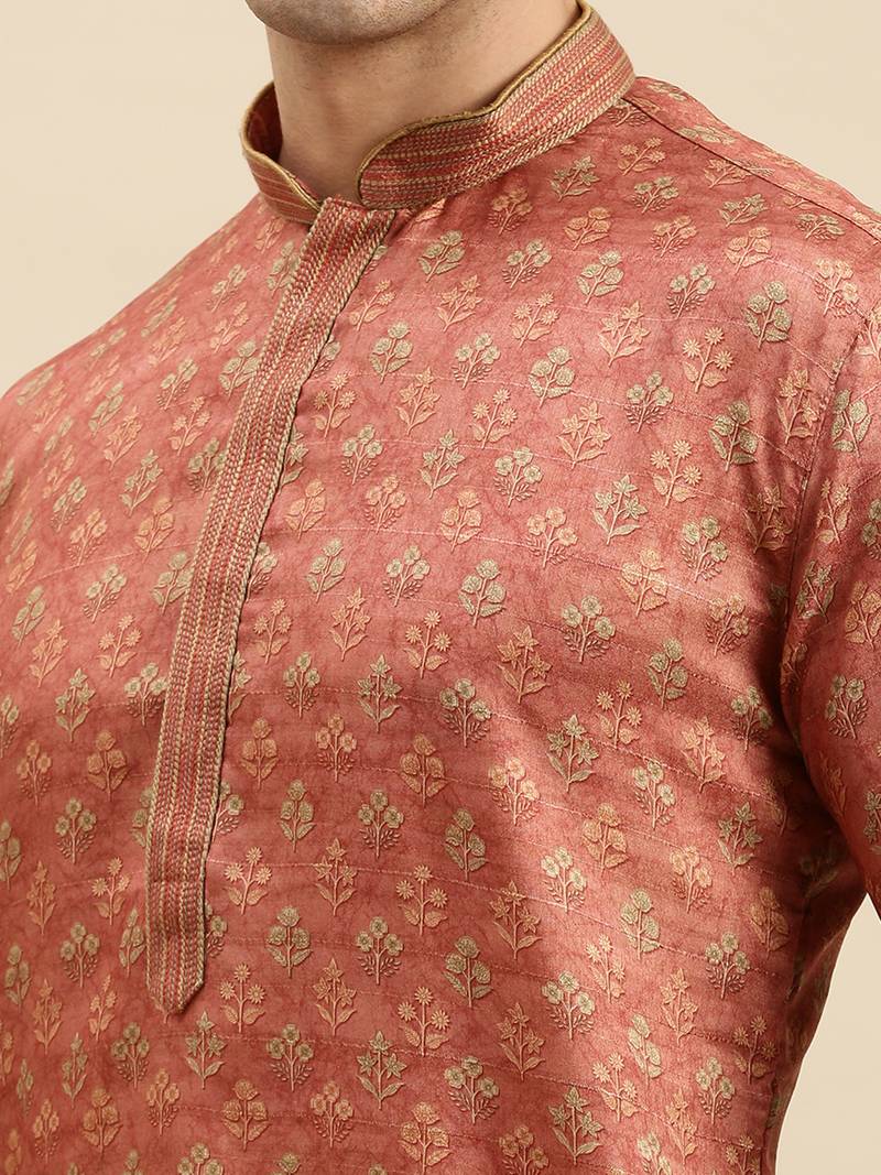 Sanwara Men's Rust Woven Long Sleeve Art Silk Elegant Kurta with Pyjama