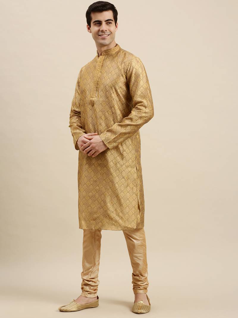 Sanwara Men's Khakee Woven Long Sleeve Art Silk Elegant Kurta with Pyjama