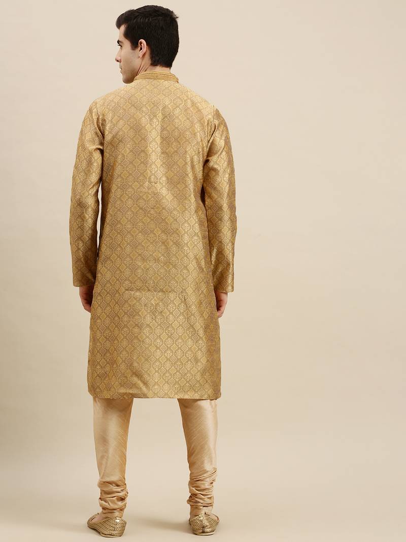 Sanwara Men's Khakee Woven Long Sleeve Art Silk Elegant Kurta with Pyjama