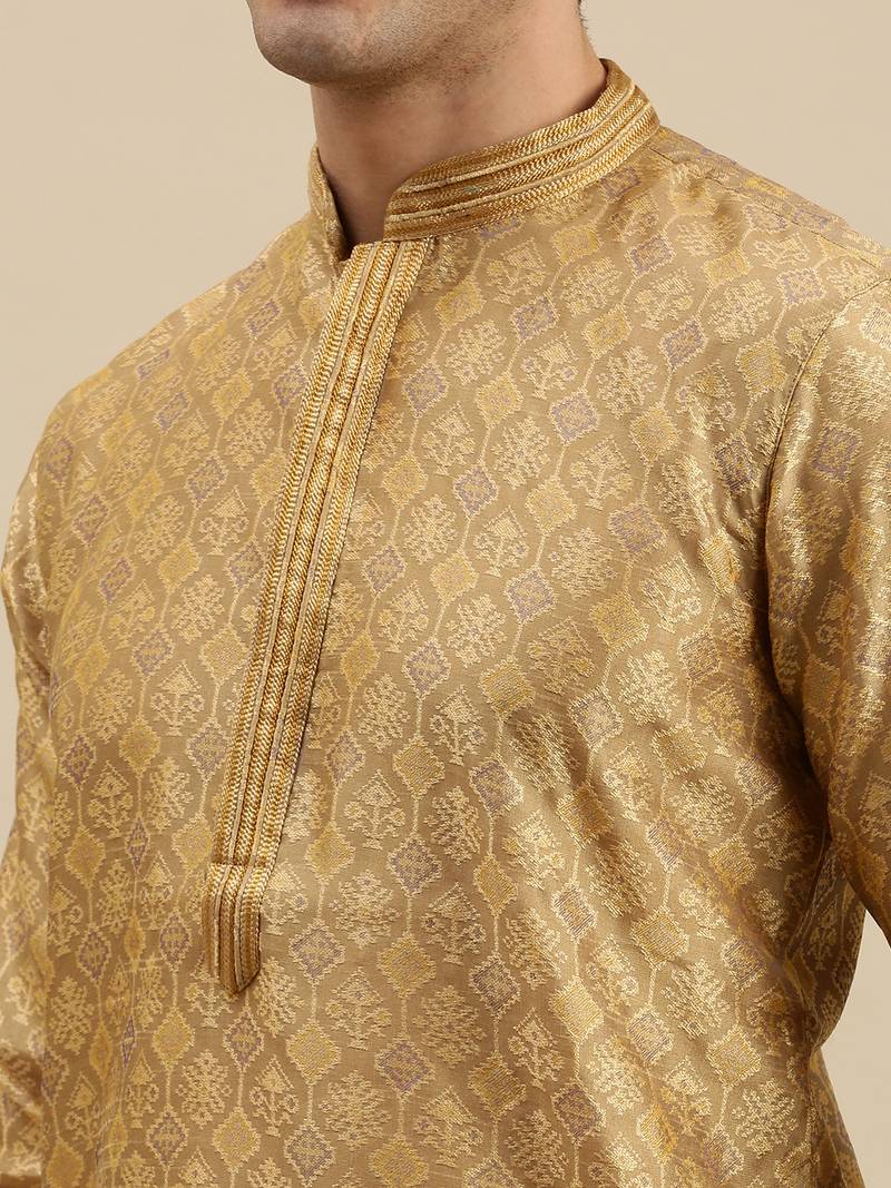 Sanwara Men's Khakee Woven Long Sleeve Art Silk Elegant Kurta with Pyjama