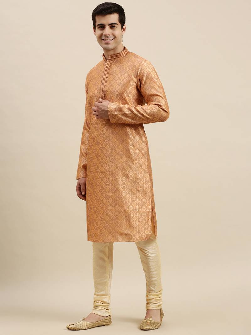 Sanwara Men's Rust Woven Long Sleeve Art Silk Elegant Kurta with Pyjama