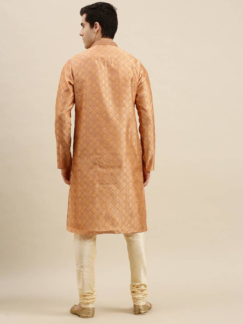 Sanwara Men's Rust Woven Long Sleeve Art Silk Elegant Kurta with Pyjama