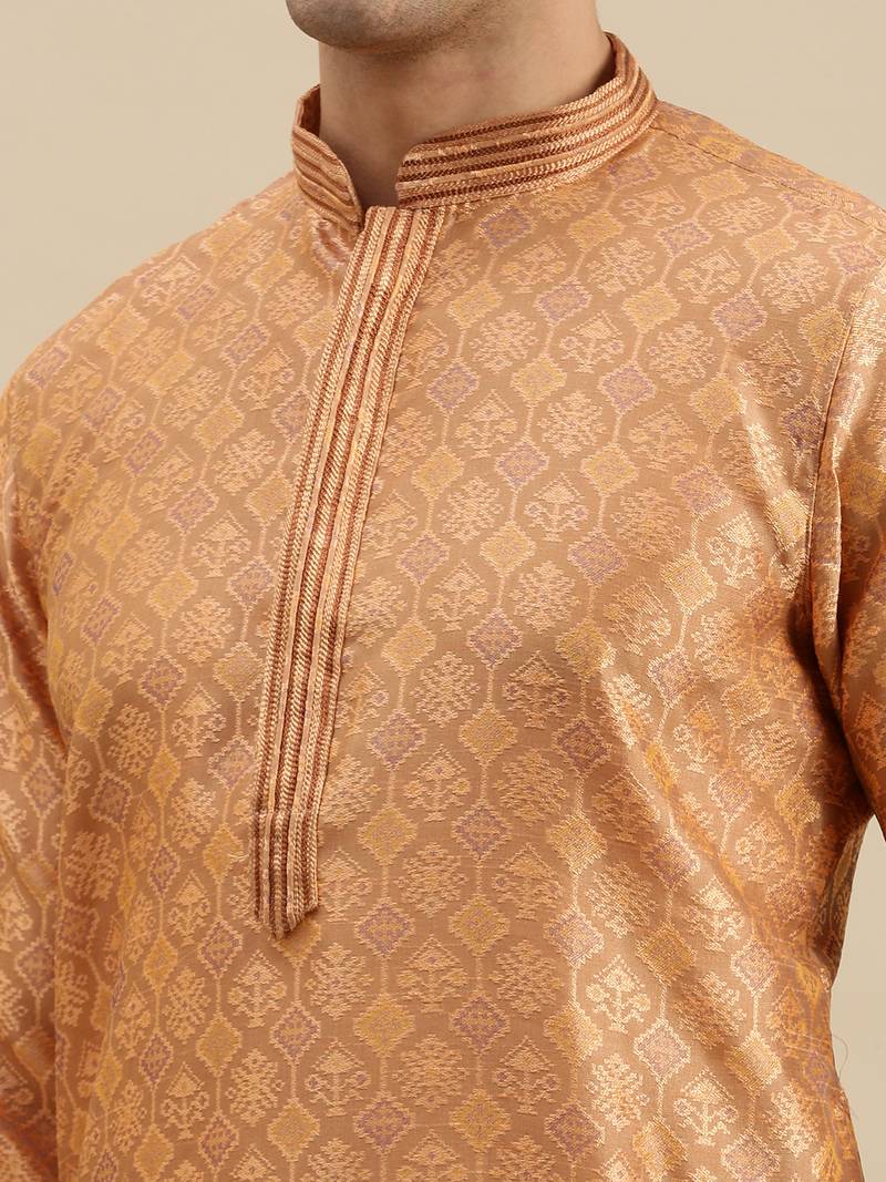 Sanwara Men's Rust Woven Long Sleeve Art Silk Elegant Kurta with Pyjama