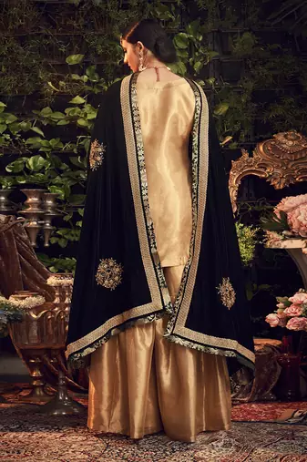 Oxidised Gold Garara Set With Velvet Dupatta Shawl