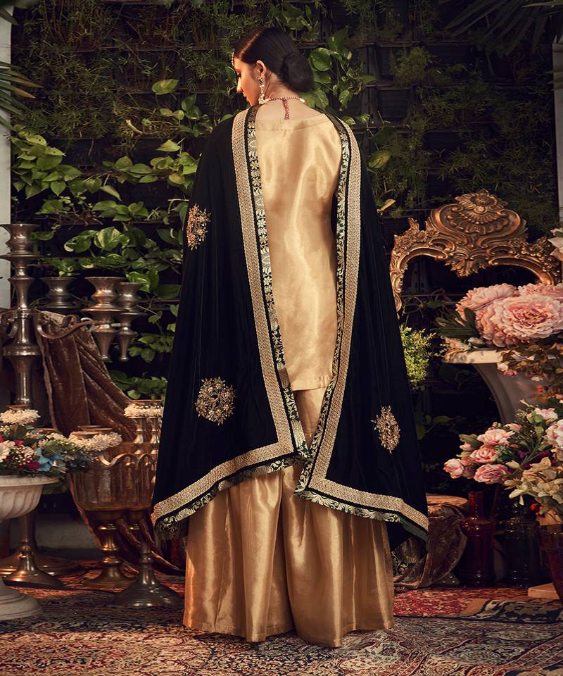 Oxidised Gold Garara Set With Velvet Dupatta Shawl