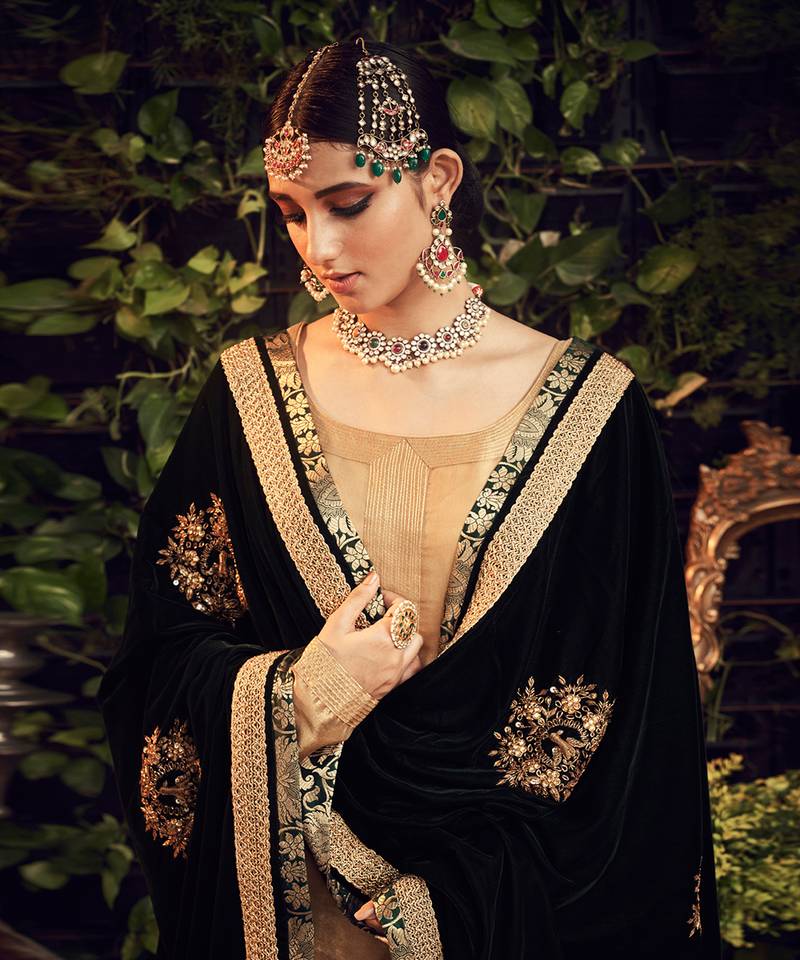 Oxidised Gold Garara Set With Velvet Dupatta Shawl