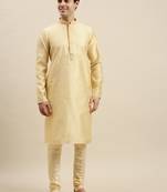 Sanwara Men's Cream Woven Long Sleeve Art Silk Elegant Kurta with Pyjama