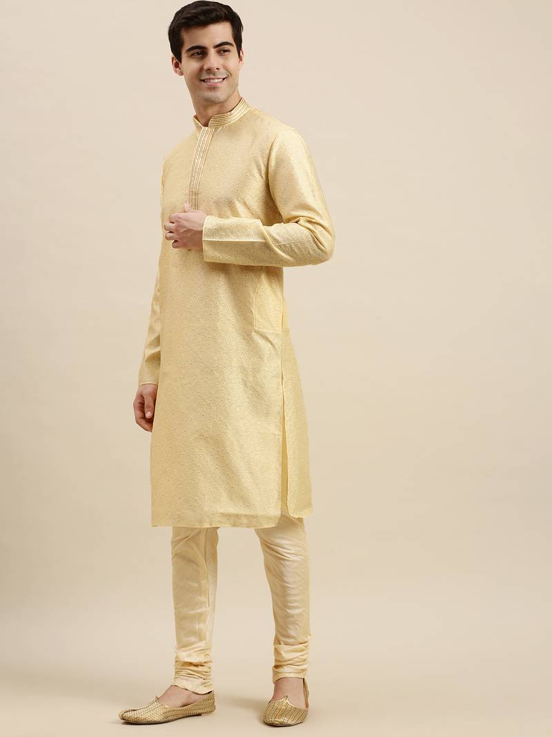 Sanwara Men's Cream Woven Long Sleeve Art Silk Elegant Kurta with Pyjama