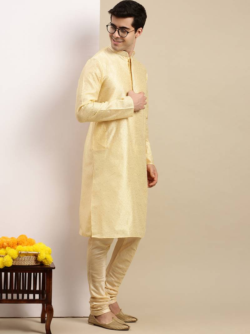 Sanwara Men's Cream Woven Long Sleeve Art Silk Elegant Kurta with Pyjama