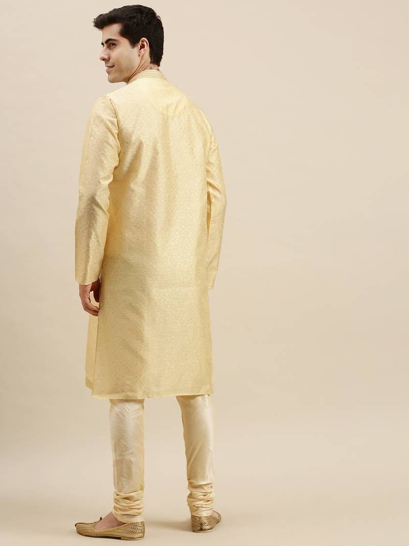 Sanwara Men's Cream Woven Long Sleeve Art Silk Elegant Kurta with Pyjama