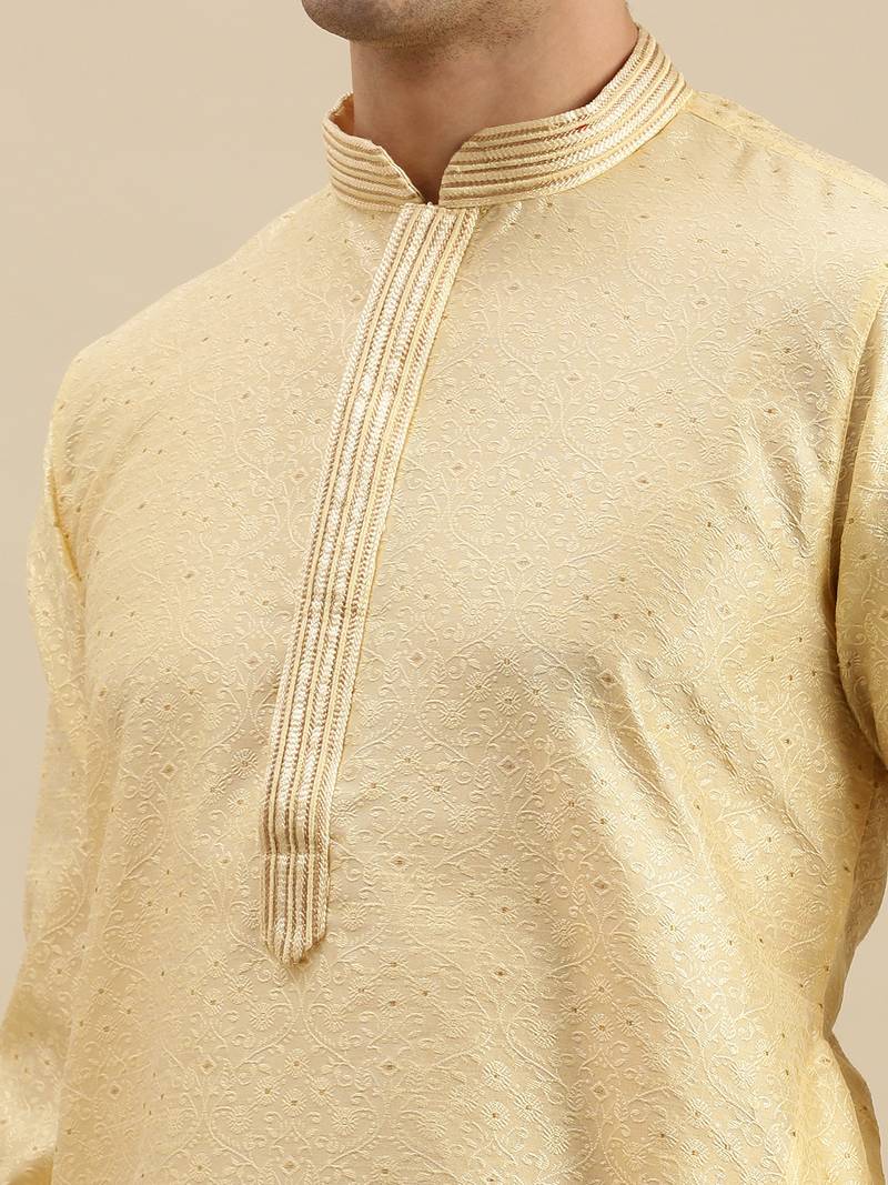 Sanwara Men's Cream Woven Long Sleeve Art Silk Elegant Kurta with Pyjama