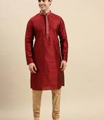 Sanwara Men's Maroon Woven Long Sleeve Art Silk Elegant Kurta with Pyjama