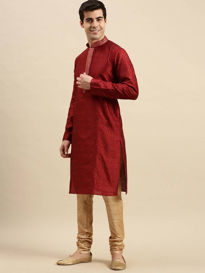 Sanwara Men's Maroon Woven Long Sleeve Art Silk Elegant Kurta with Pyjama