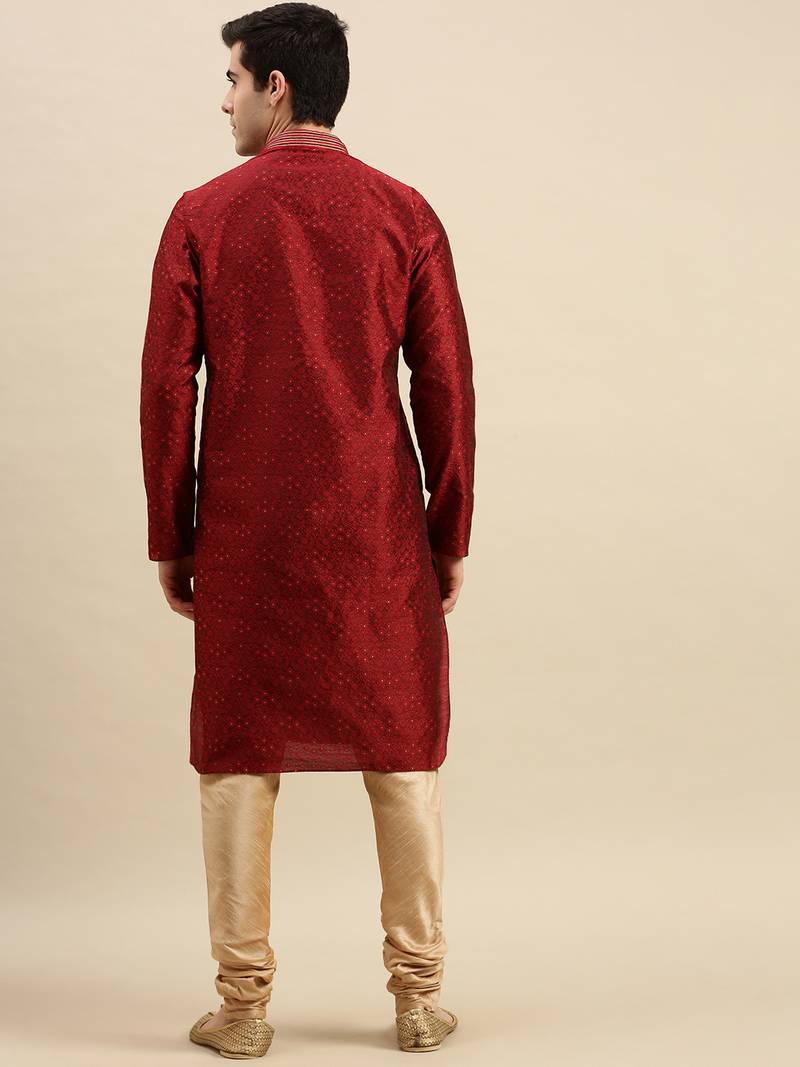 Sanwara Men's Maroon Woven Long Sleeve Art Silk Elegant Kurta with Pyjama